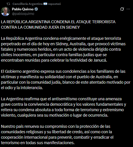 El presidente, Javier Milei, condenó el ataque armado perpetrado contra la comunidad judía en la ciudad de Sídney, Australia.