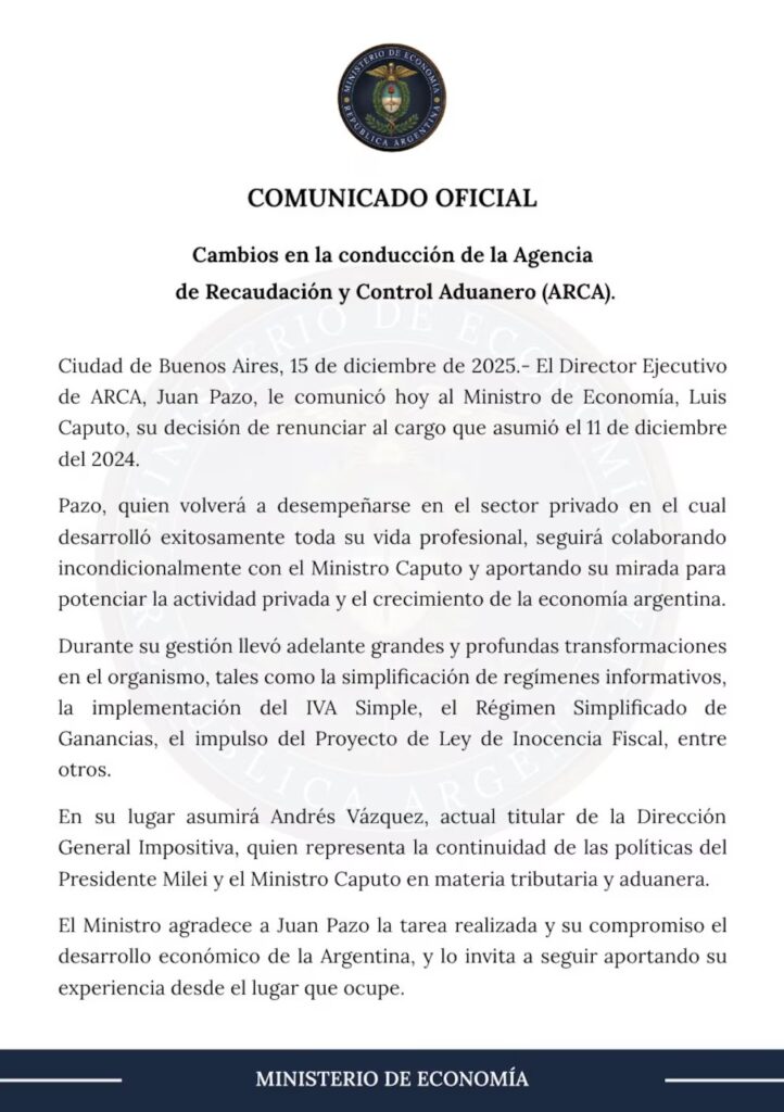 ARCA: El Gobierno oficializó la salida de Pazo y el relevo de Vazquez, a través de un comunicado oficial.