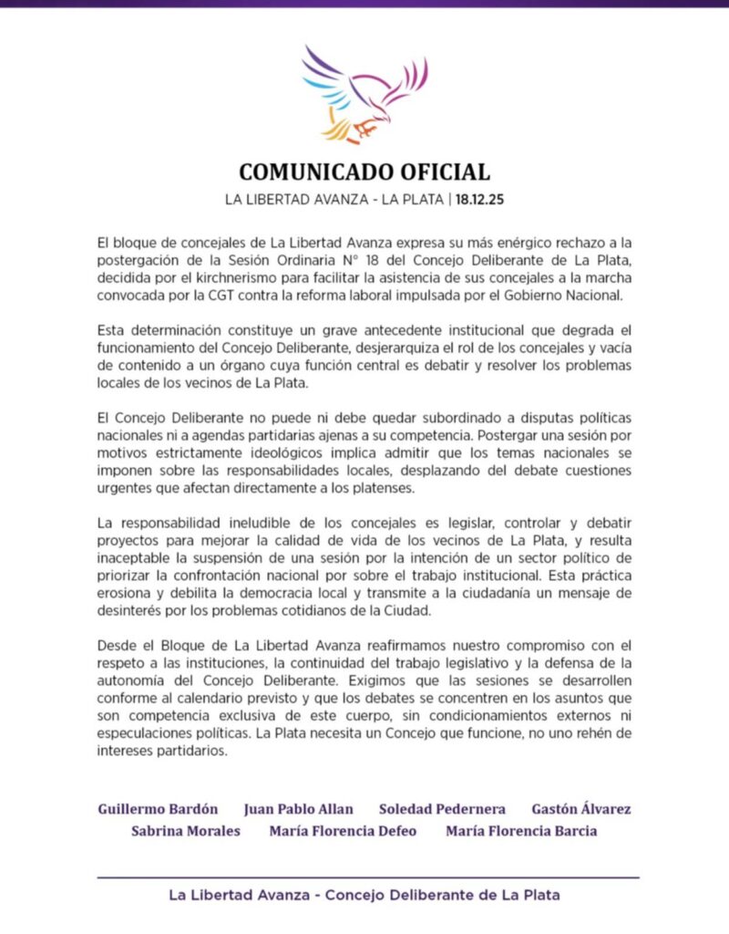 El comunicado de La Libertad Avanza La Plata sobre la suspensión de la sesión en el Concejo Deliberante.