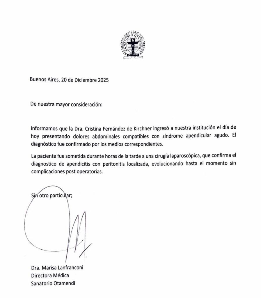 El comunicado del Sanatorio Otamendi sobre la operación realizada a Cristina Kirchner.
