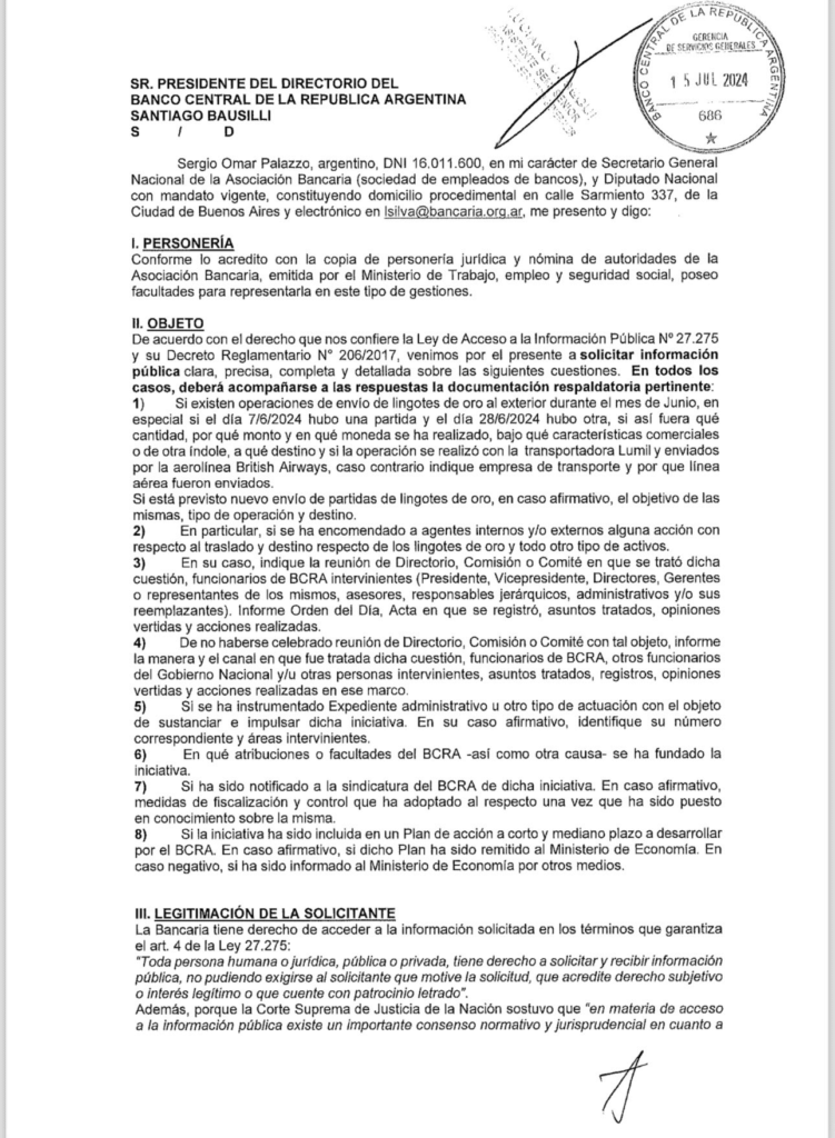 El pedido de informes de La Asociación Bancaria por las reservas de oro enviadas al exterior.