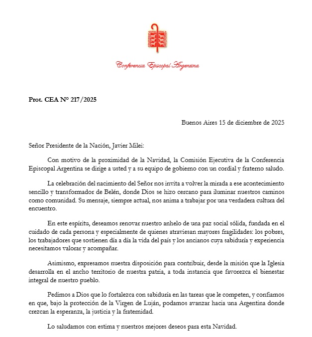 La carta que le enviaron los obispos al presidente Javier Milei, en vísperas de navidad.