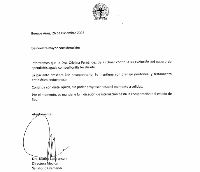 El parte médico del estado de salud de Cristina Kirchner difundido este viernes.