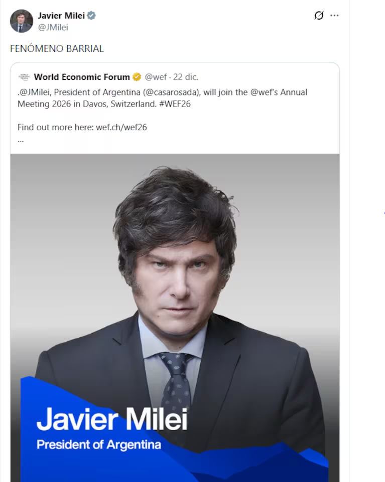 Milei compartió en su cuenta de X un posteo del propio Foro Económico Mundial que confirma su presencia.
