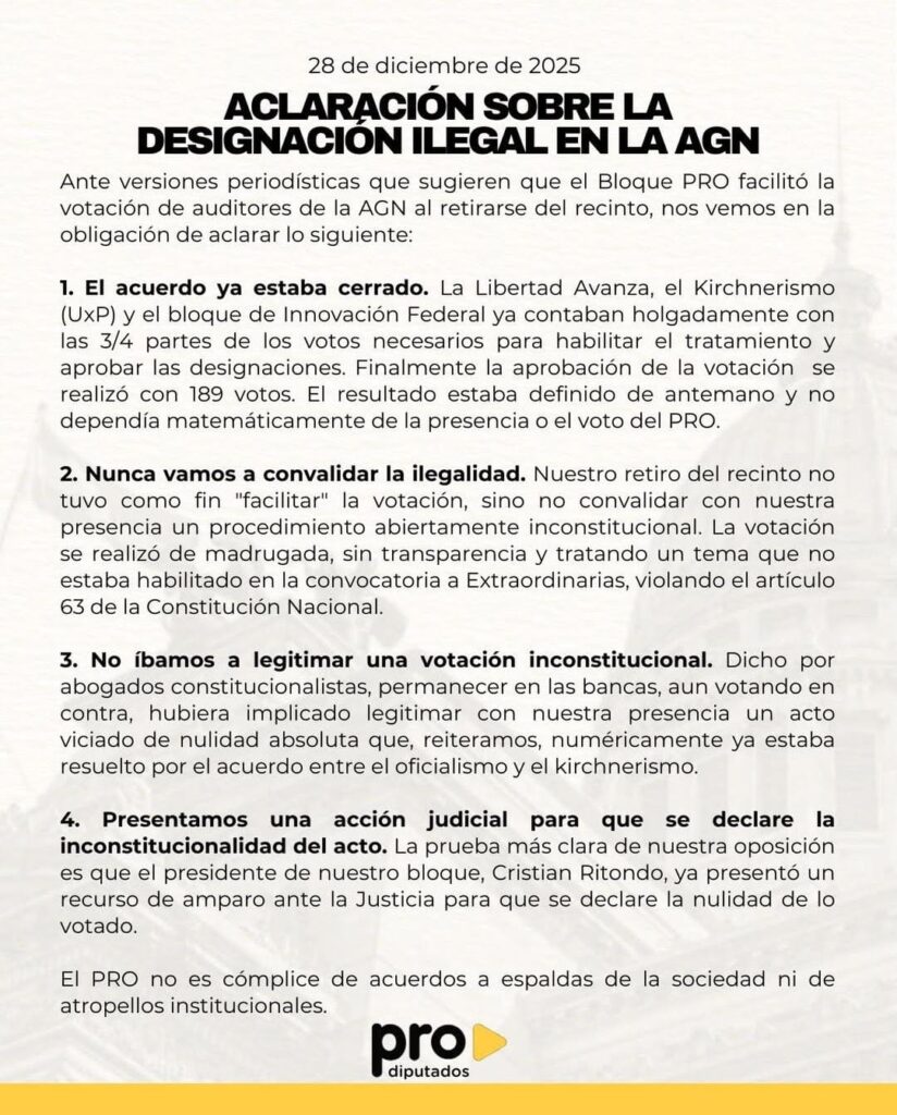 El PRO ratificó que irá a la justicia por las tres designaciones realizadas por Diputados la AGN y descartó que el bloque haya facilitado la votación.