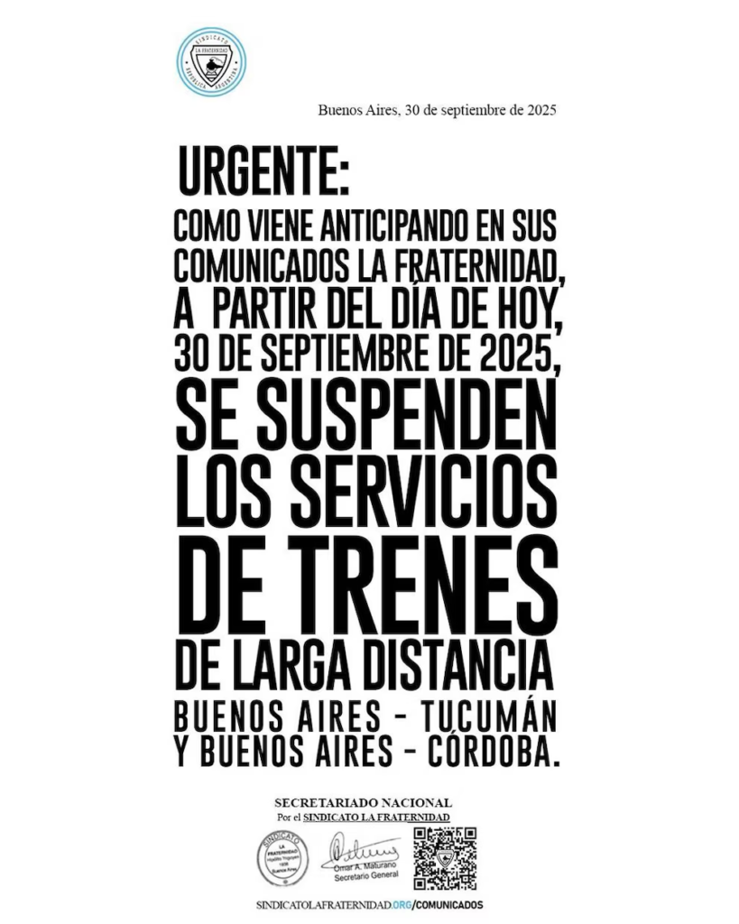 La Fraternidad denunció el desguace de los trenes de pasajeros a Tucumán y Córdoba.
