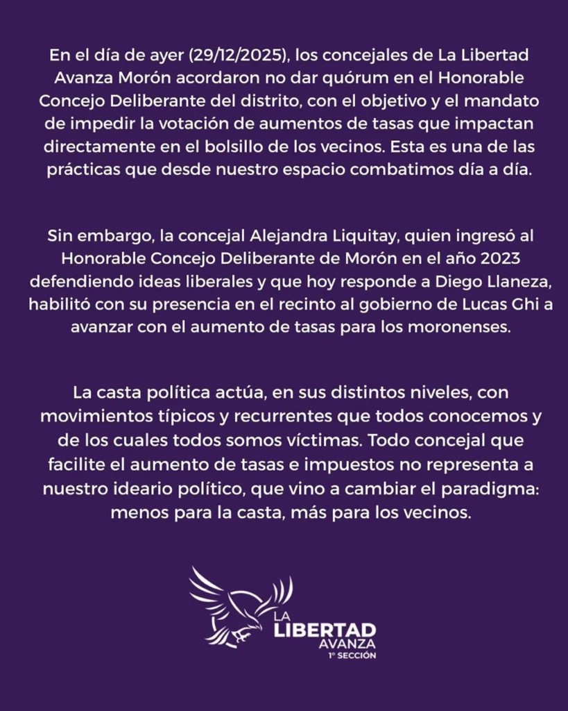 El comunicado de La Libertad Avanza contra la concejala de Morón, Alejandra Liquitay.