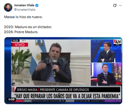 El diputado, Juan Malpeli, cruzó al periodista, Jonatan Viale, luego de que éste marcara una contradicción sobre la postura Sergio Massa acerca de Nicolás Maduro.