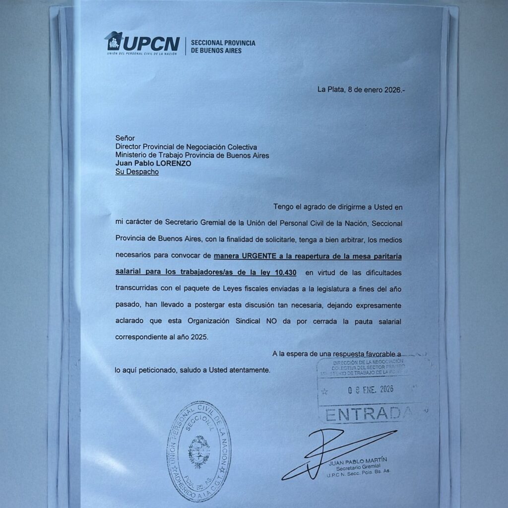 Estatales bonaerenses: la carta elevada por el gremio UPCN BA al Ministerio de Trabajo provincial.