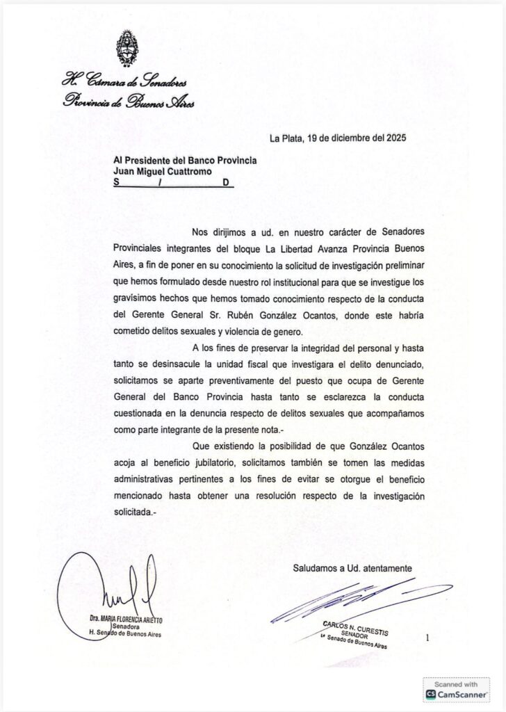 La senadora, Florencia Arietto, volvió a referirse a las denuncias  contra el gerente general del Banco Provincia, Rubén González Ocantos.