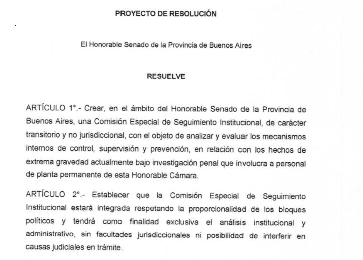 El proyecto elevado por LLA para efectuar un "análisis institucional" de las denuncias que involucra personal de planta permanente del Senado bonaerense.