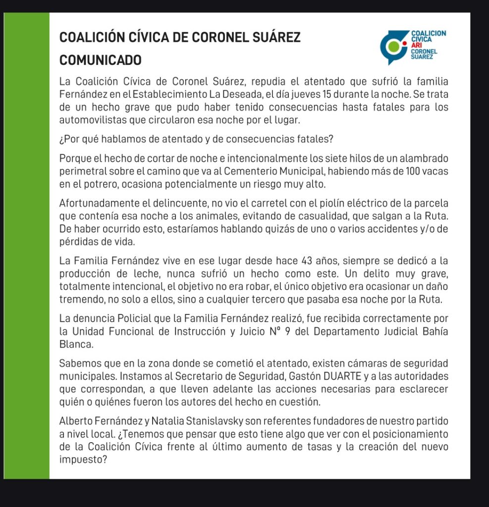 El comunicado de la Coalición Cívica por el ataque contra el productor Alberto Fernández.