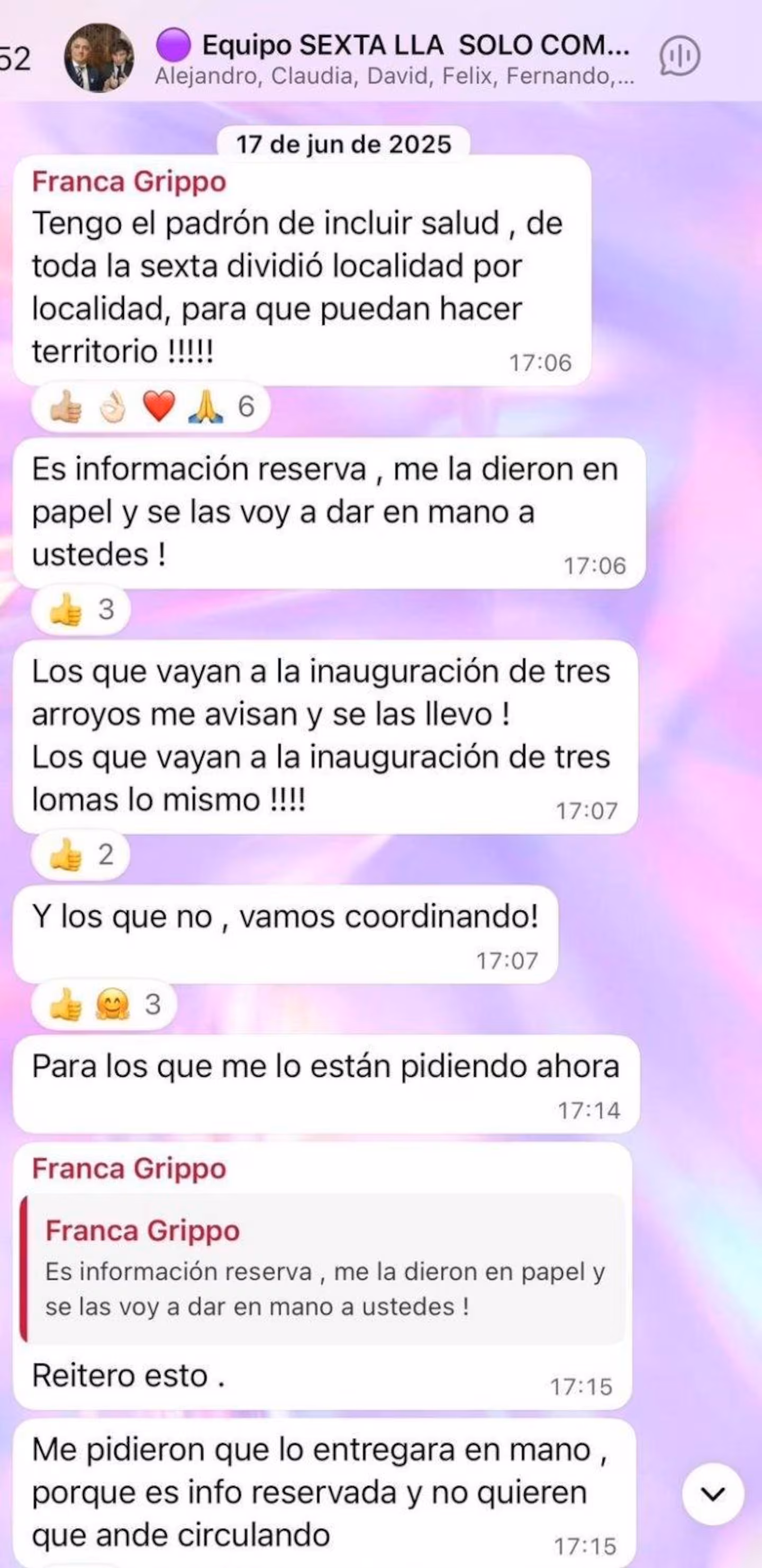 Los mensajes de la concejala libertaria de Bahía Blanca, Franca Grippo, sobre datos de personas con discapacidad.