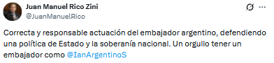El senador, Juan Manuel Rico Zini, respaldó la actuación del embajador argentino, Ian Sielecki, tras el episodio ocurrido en la Asamblea de Francia.