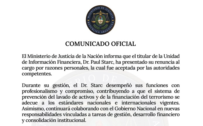 El comunicado del Ministerio de Justicia anunciando la renuncia de Paul Starc como titular de la UFI.