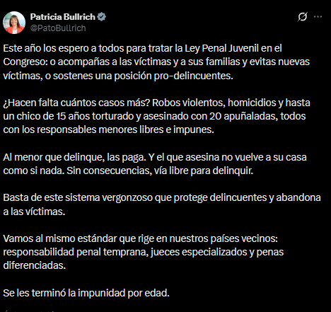 La senadora Patricia Bullrich retomó públicamente debate sobre la baja de la edad de imputabilidad, una bandera que La Libertad Avanza considera central.