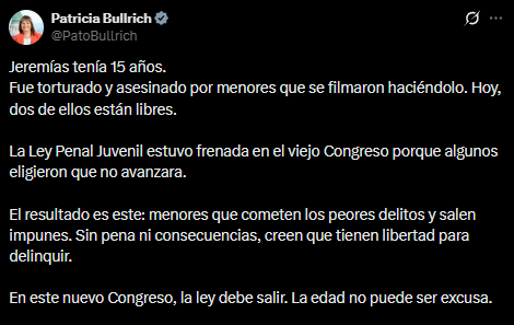 La senadora Patricia Bullrich retomó públicamente debate sobre la baja de la edad de imputabilidad, una bandera que La Libertad Avanza considera central.