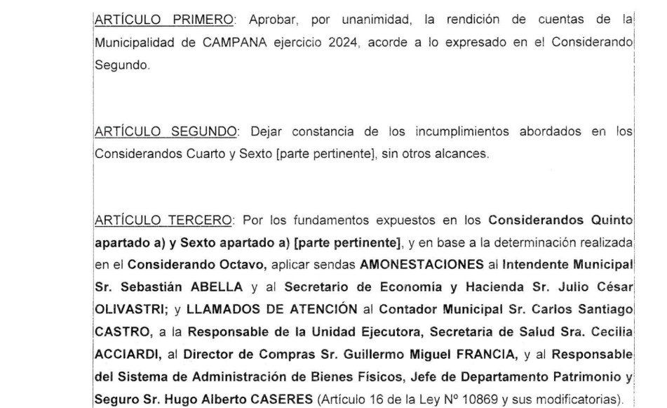 Las observaciones del Tribunal de Cuentas sobre la rendición de Campana del Ejercicio 2024.