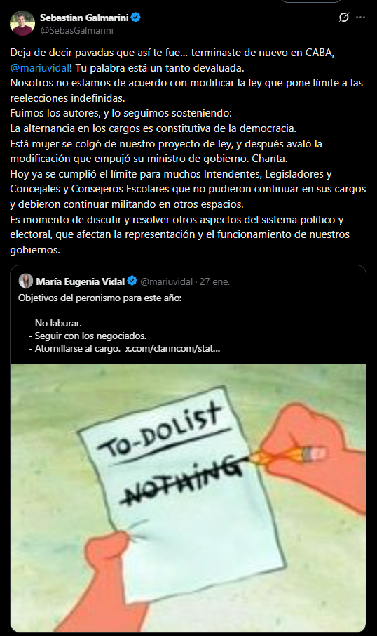 El mensaje de Sebastián Galmarini contra María Eugenia Vidal por las reelecciones indefinidas.