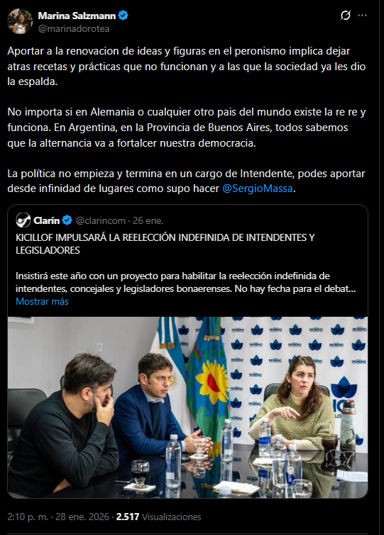 La crítica de Marina Salzmann contra la postura de Axel Kicillof de promover las reelecciones indefinidas.