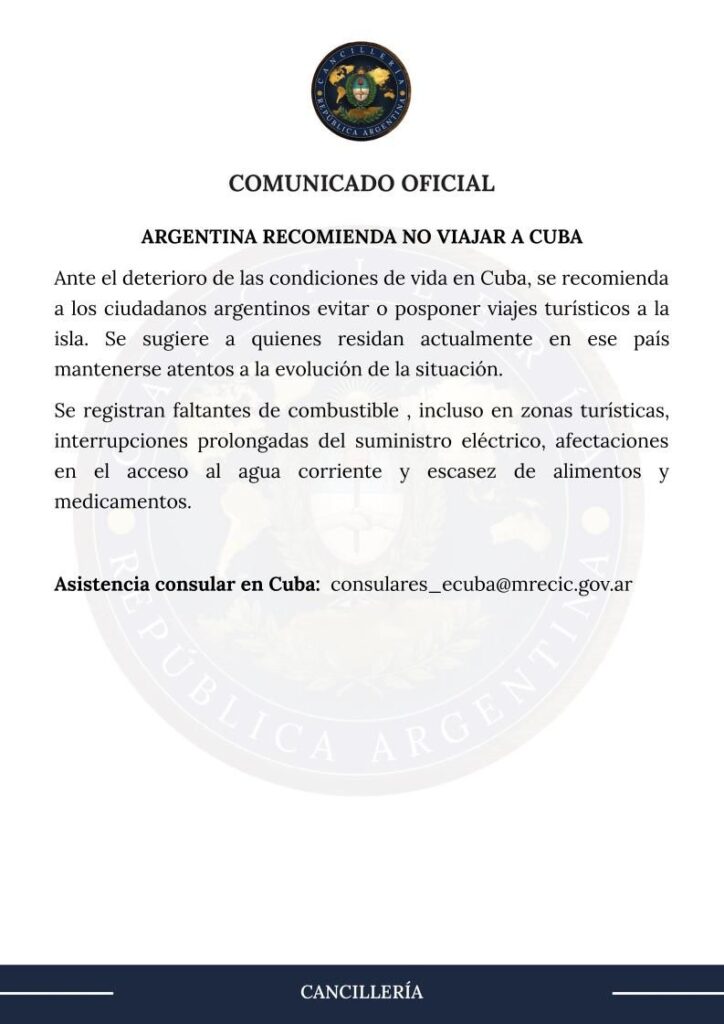 El comunicado de Cancillería recomendando a los argentinos que no vayan a Cuba.