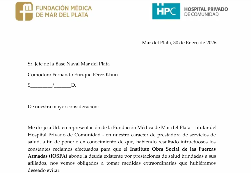 El comiunicado del Hospital Privado de la Comunidad que denuncia las deudas impagas de IOSFA.