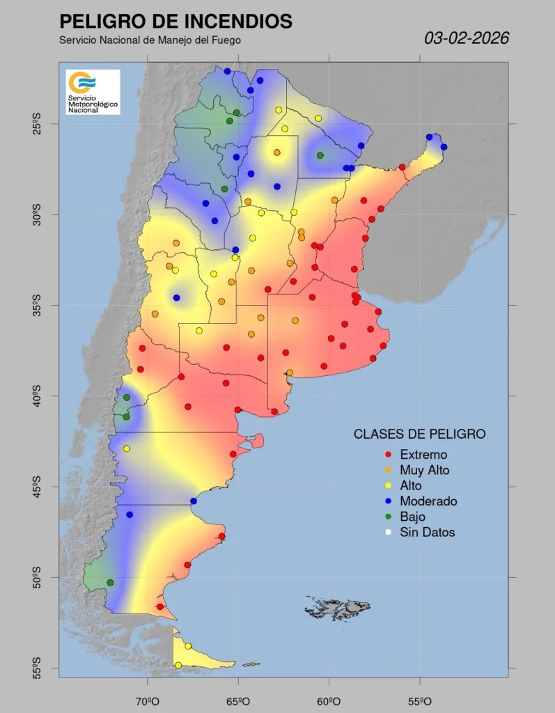 Riesgo extremo por incendios forestales en la provincia de Buenos Aires: así es el mapa de alerta difundido por el Servicio Meteorológico Nacional. 