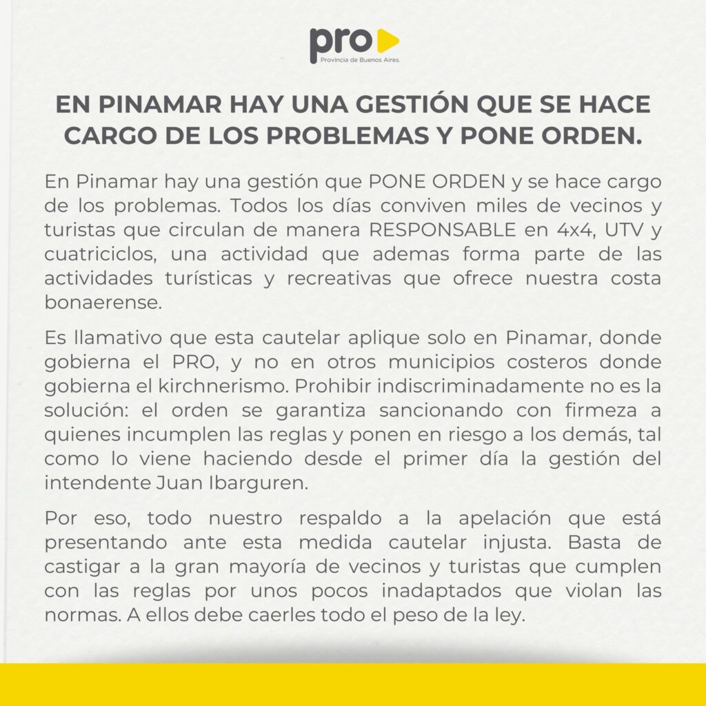 
El comunicado completo del PRO bonaerense que respalda al intendente de Pinamar, Juan Ibarguren. 