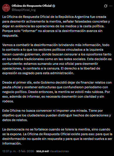 El primer mensaje de la Oficina de Respuesta Oficial, el método de Javier Milei para desmentir fake news.