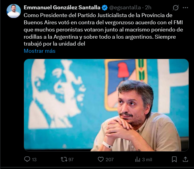El senador camporista Emmanuel González Santalla salió a bancar a Máximo Kirchner. 