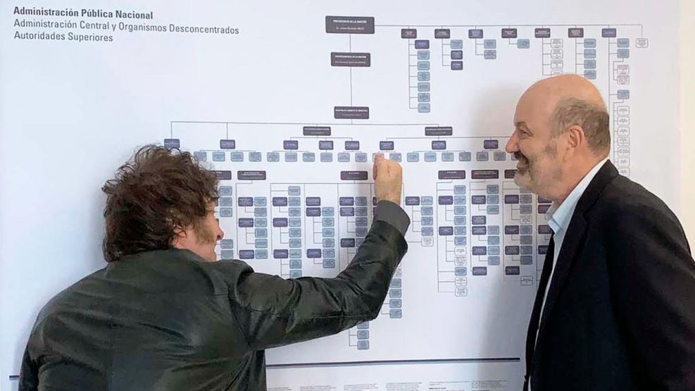 Javier Milei, junto al ministro de Desregulación y Transformación del Estado, Federico Sturzenegger, responsable de las principales políticas de ajuste sobre el gasto público que impulsa la actual conducción libertaria.