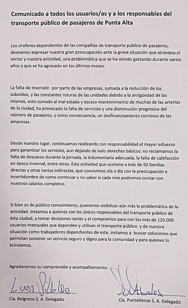Los delegados de las empresas Belgrano y Puntaltense difundieron un comunicado para alertar sobre la crisis del transporte en Coronel Rosales.