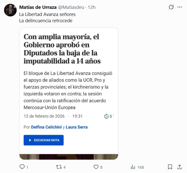 El libertario Matías de Urraza también celebró la media sanción a la baja de imputabilidad a 14 años.