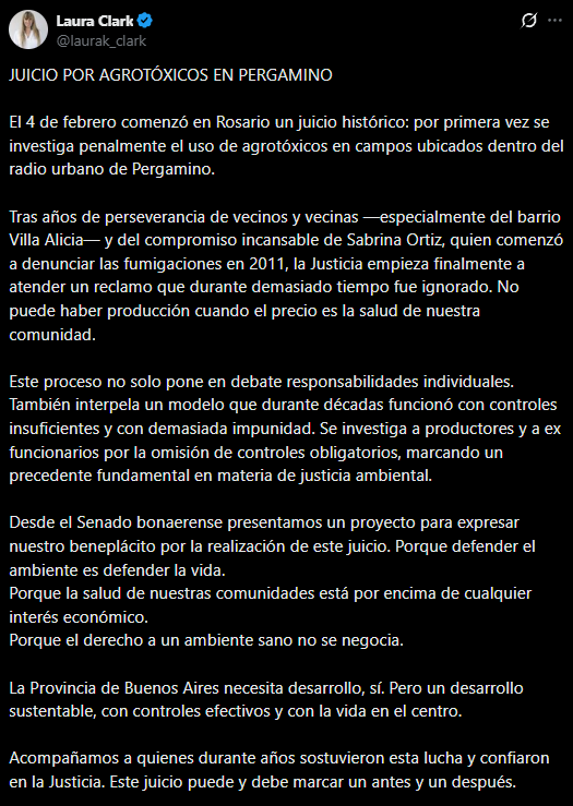 El mensaje de Laura Clark sobre el juicio por el uso de agrotóxicos en Pergamino.