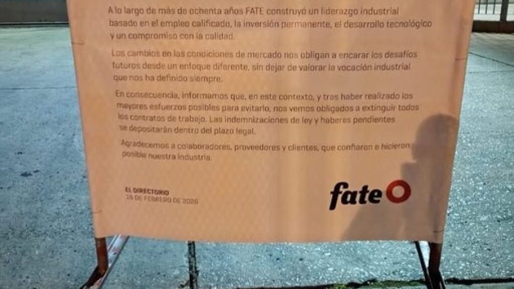 A través de un comunicado, el Directorio de Fate atribuyó el cierre a cambios en las condiciones de mercado y reivindicó la vocación industrial de la compañía.