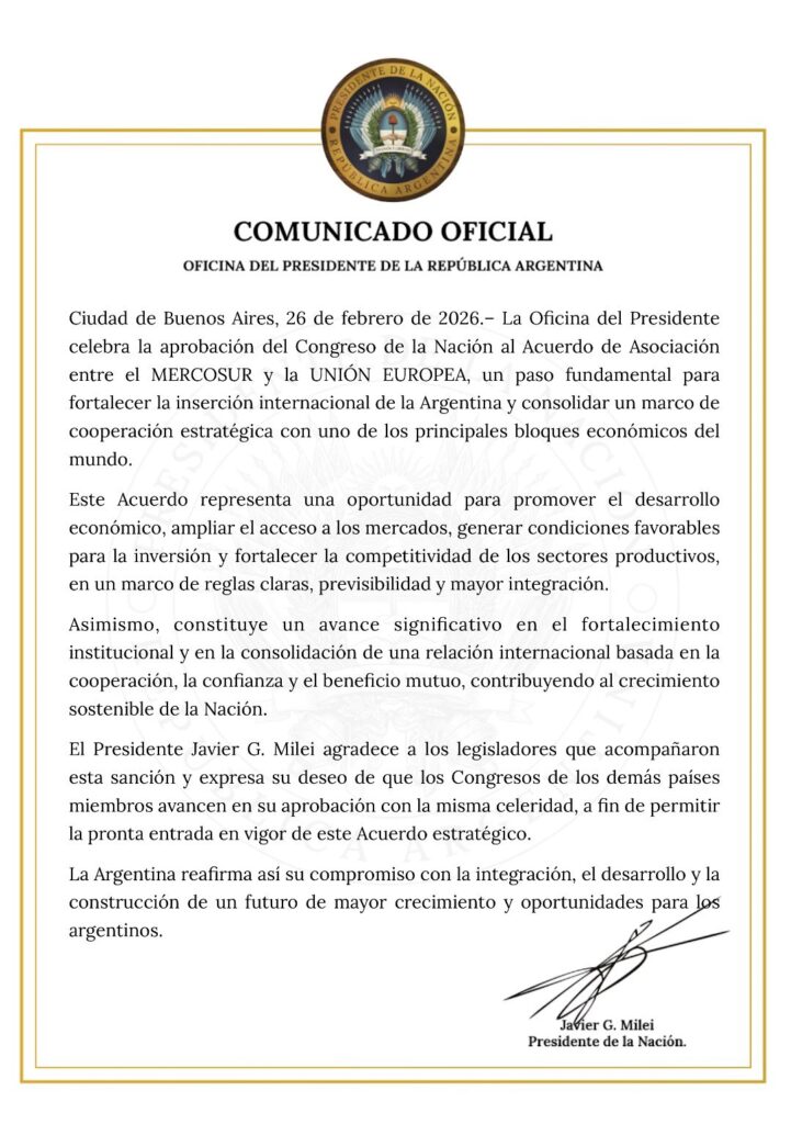 
El Gobierno celebró el respaldo del Senado al acuerdo entre el Mercosur y la Unión Europea. 