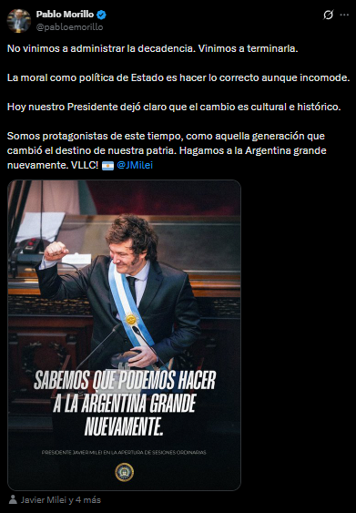 El diputado bonaerense, Pablo Morillo, también sumó su arenga a Javier Milei y se alineó al discurso presidencial.