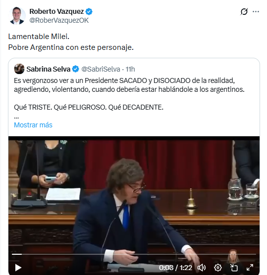 
El diputado del peronismo, Roberto Vázquez, también cargó contra Milei tras su violento discurso en el Congreso: "Pobre Argentina con este personaje". 