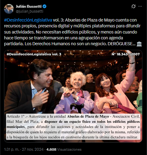 El concejal marplatense del PRO, Julián Bussetti, pidió eliminar el vídeo institucional de Abuelas de Plaza de Mayo del inicio de las sesiones del Concejo Deliberante. 