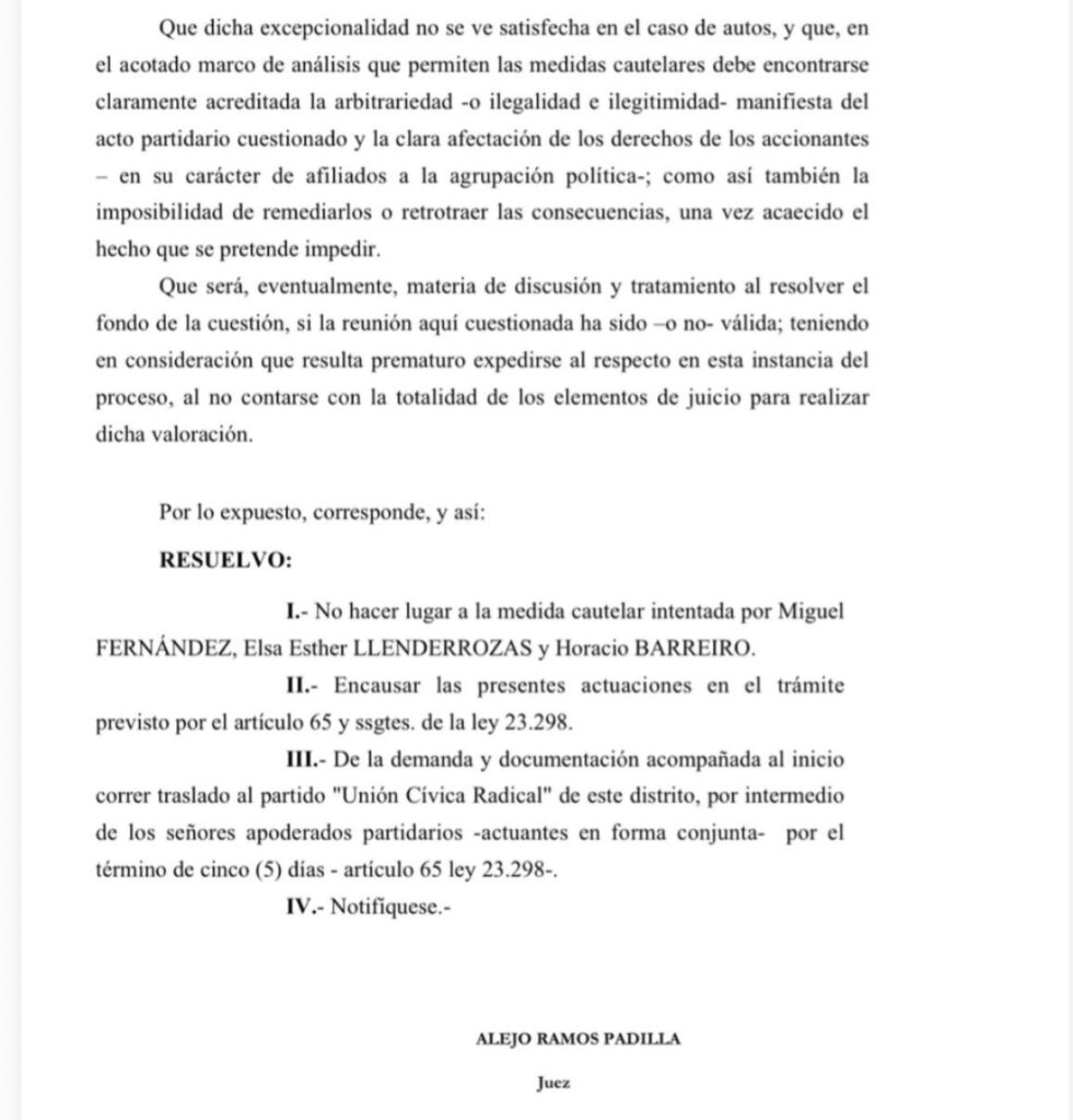 UCR bonaerense: la resolución del juez Ramos Padilla a la medida cautelar presentada por Miguel Fernández.