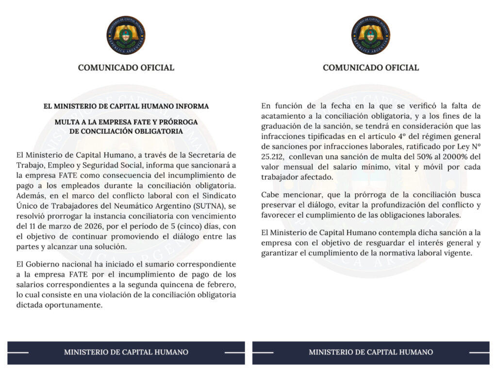 
Así es el comunicado de Capital Humano que anuncia las sanciones para FATE tras el incumplimiento del pago de los salarios a sus trabajadores. 