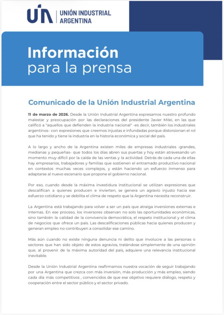 La UIA profundizó sus diferencias con Javier Milei y criticó sus declaraciones en contra de la industria nacional.