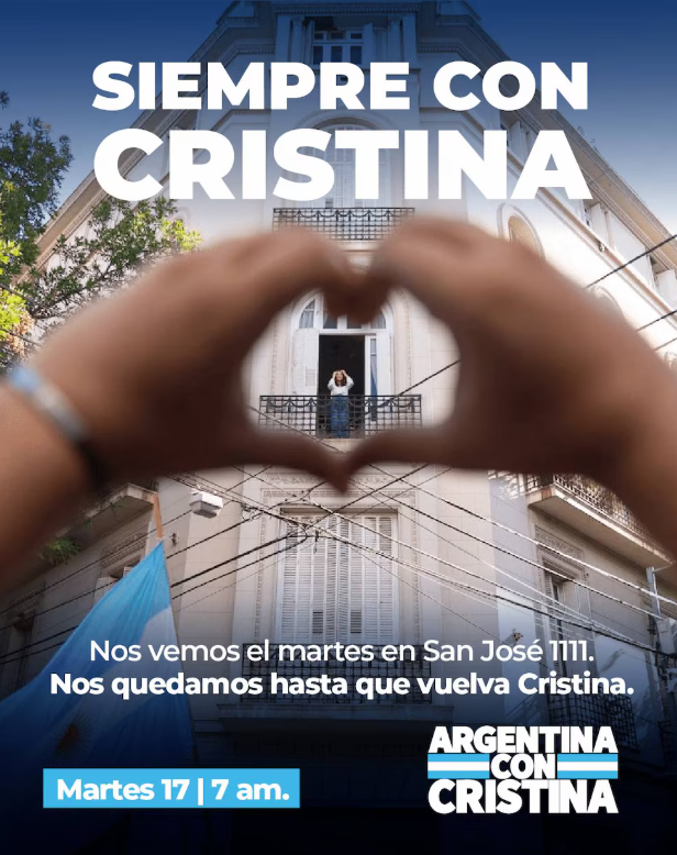 Militantes anunciaron que se concentrarán frente al domicilio de Cristina Kirchner,  antes de que parta hacia la audiencia judicial. 