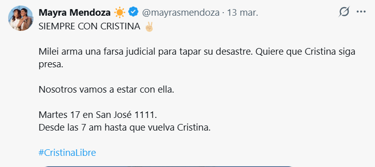 Militantes anunciaron que se concentrarán frente al domicilio de Cristina Kirchner,  antes de que parta hacia la audiencia judicial. 