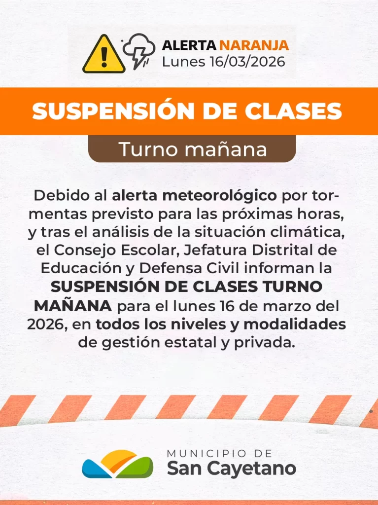 El municipio de San Cayetano anunció la suspensión de clases en ambos turnos por las fuertes tormentas que aquejan a la región.