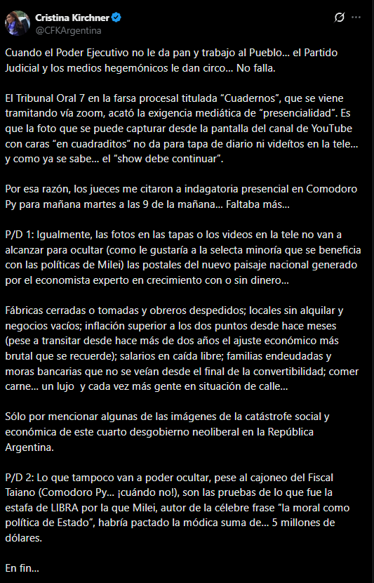 El mensaje de Cristina Kirchner en la previa de su declaración en Comodoro Py.