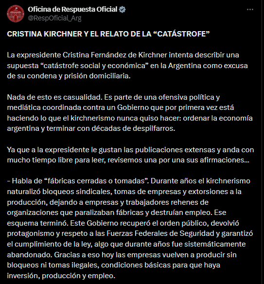 El Gobierno de Javier Milei respondió a Cristina Kirchner tras su declaración en la causa Cuadernos y cuestionó sus críticas sobre la situación económica y social del país.