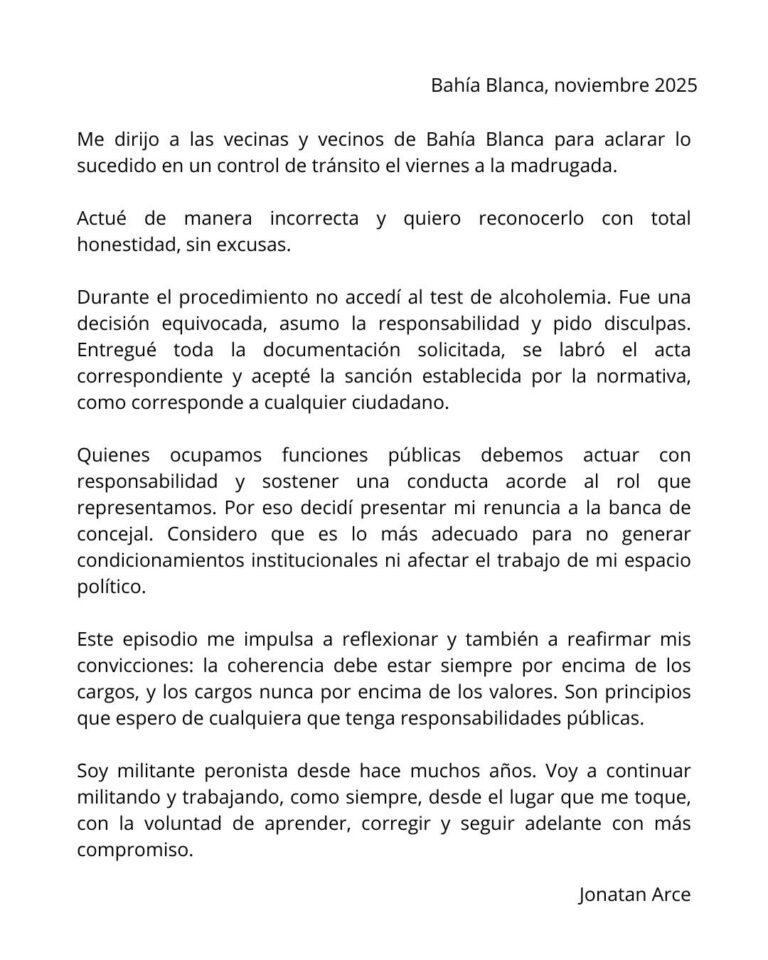 Jonatán Arce difundió un comunicado tras el episodio, donde reconoció su error, pidió disculpas y justificó su renuncia al Concejo Deliberante.