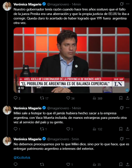 Los mensajes de Verónica Magario sobre el juicio por la expropiación de YPF.