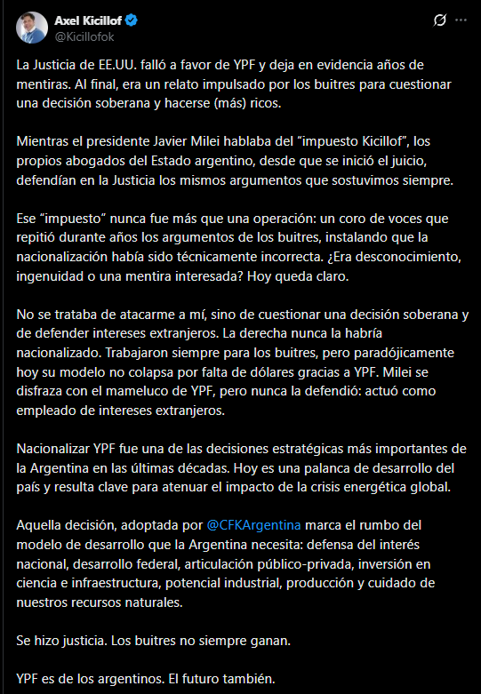 El mensaje de Axel Kicillof sobre el juicio por la expropiación de YPF.